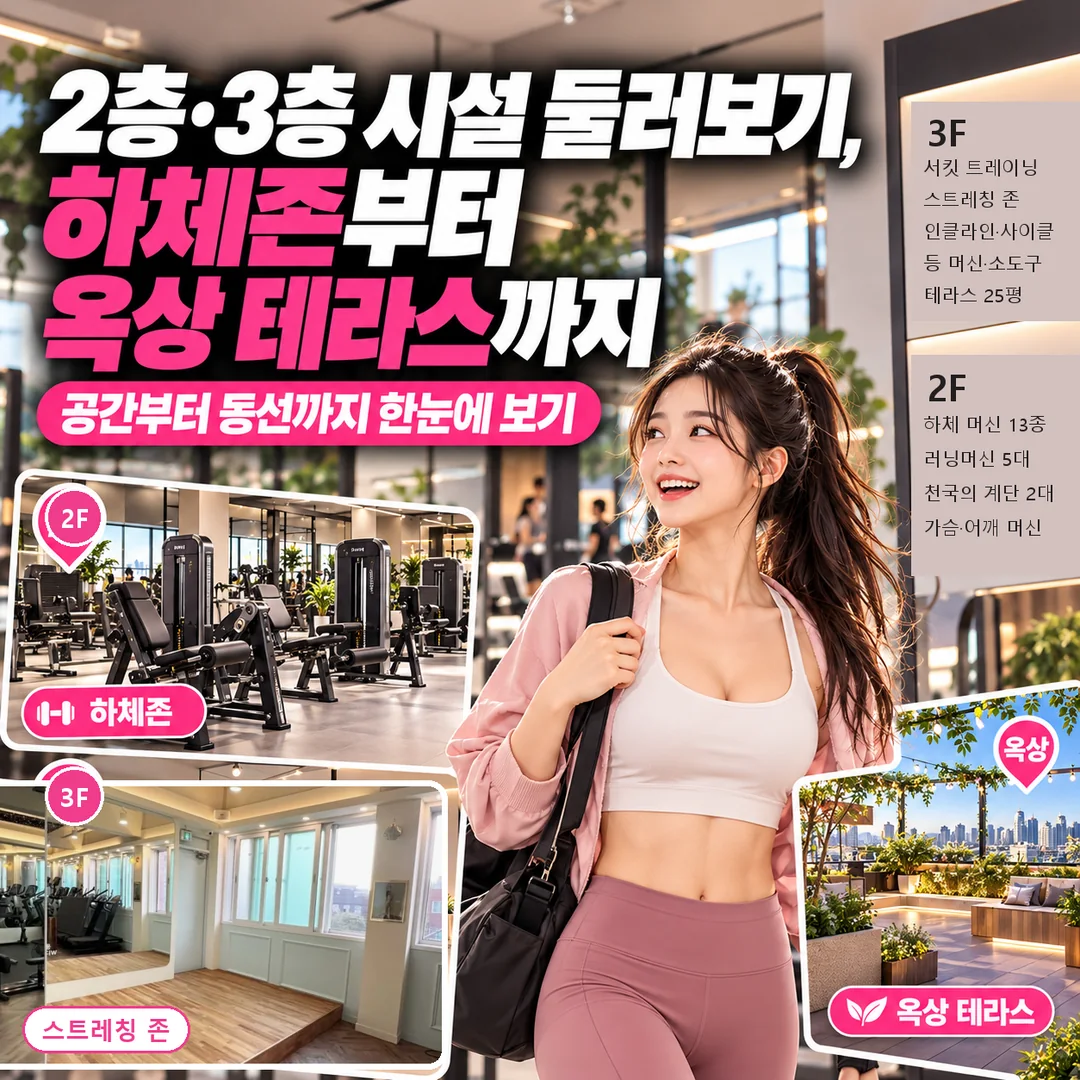 [아차산역헬스장] 2층·3층 시설 둘러보기, 하체존부터 옥상 테라스까지